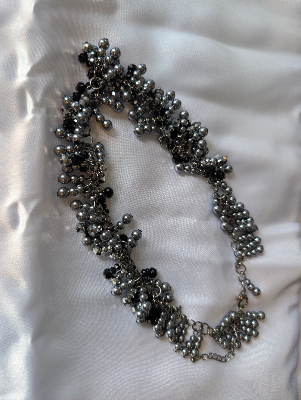 Chunky Gunmetal Pearl & Faceted Crystal Bead Cluster Statement Choker Necklace